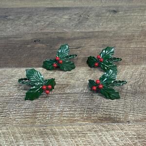 Vintage Christmas Holiday Holly Berry Napkin Rings Green Metal Set of 4